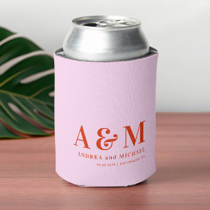 Retro Pink and Red Bold Monogram Seventies Wedding Can Cooler