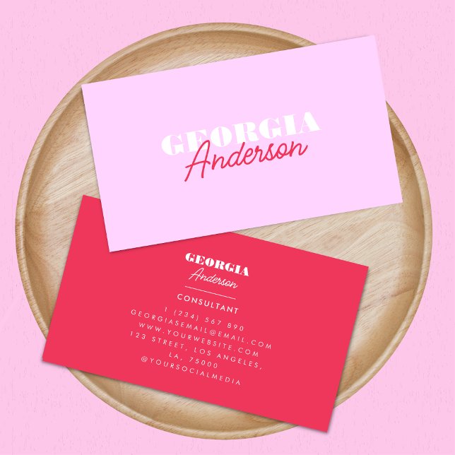 Retro Pink and Red Bold Script Minimalist Trendy Business Card (Creator Uploaded)