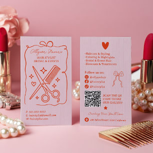 Retro Pink and Red Doodles Hair Stylist QR Code Business Card