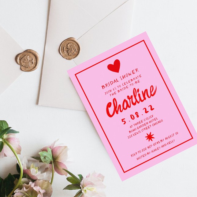 Retro Pink and Red Handwriting Bridal Shower Invitation (Creator Uploaded)