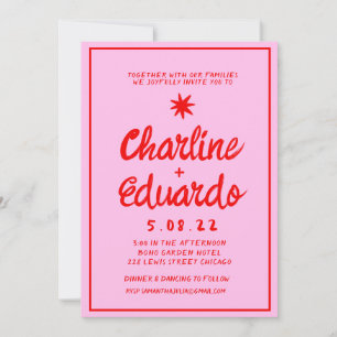 Retro Pink and Red Handwriting Wedding invitation