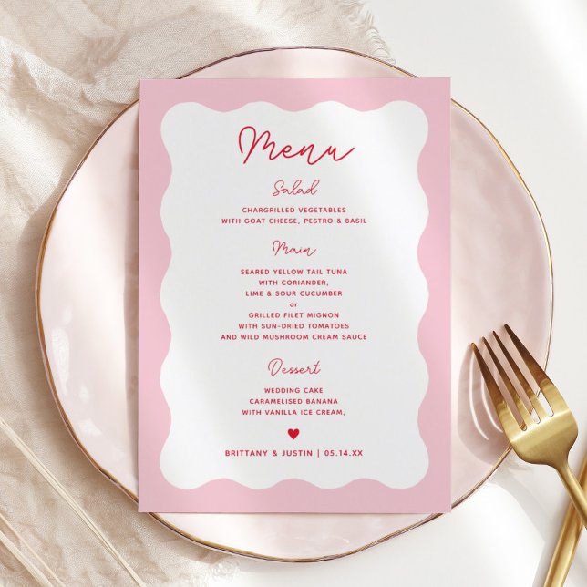 Retro Pink and Red Modern Wavy Wedding Menu Cards (Creator Uploaded)