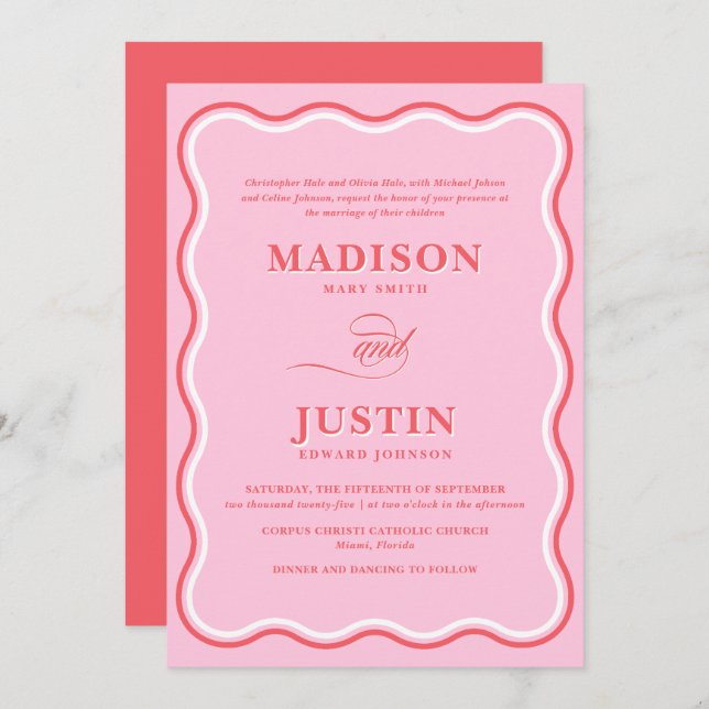 Retro Pink and Red Squiggle Curves Wavy Wedding Invitation (Front/Back)