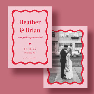 Retro Pink and Red Squiggle Photo Wedding Save The Date