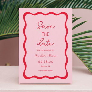Retro Pink and Red Squiggle Wedding Save The Date