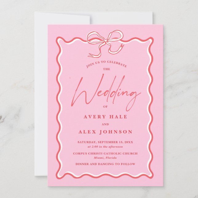 Retro Pink and Red Wave Picture Frame Wedding Invitation (Front)