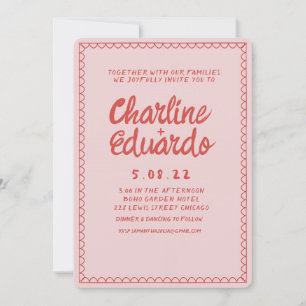Retro Pink and Red Wavy Handwriting Wedding Invitation