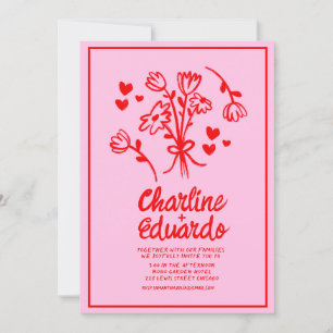 Retro Pink and Red Wavy Handwriting Wedding Invitation