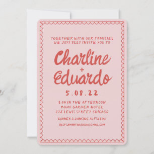 Retro Pink and Red Wavy Handwriting Wedding Invitation