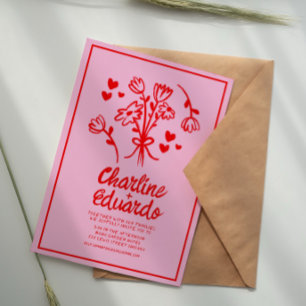 Retro Pink and Red Wavy Handwriting Wedding Invitation