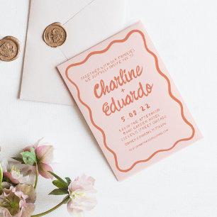 Retro Pink and Red Wavy Handwriting Wedding Invitation