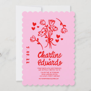 Retro Pink and Red Wavy Handwriting Wedding Invitation