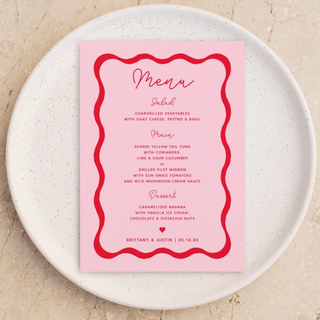Retro Pink and Red Wavy Wedding Party Menu Cards (Creator Uploaded)
