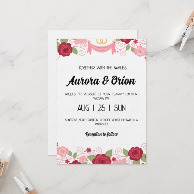 retro pink and red wedding invitation (Front/Back In Situ)