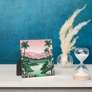 Retro Pink and Sage Green Tropical Palm Tree  Plaque
