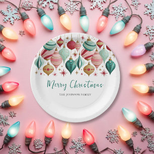 Retro Pink and Teal Ornaments Christmas Party Paper Plate