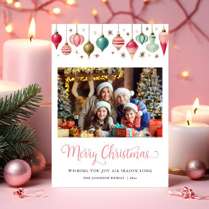 Retro Pink and Teal Ornaments Photo Christmas Holiday Card