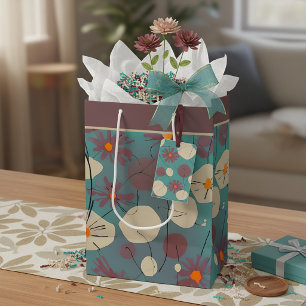 Retro pink and white flowers  medium gift bag