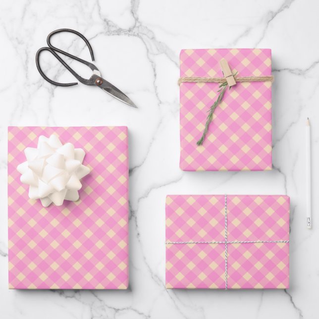 Retro Pink and White Gingham Plaid Pattern  Wrapping Paper Sheet (Front)