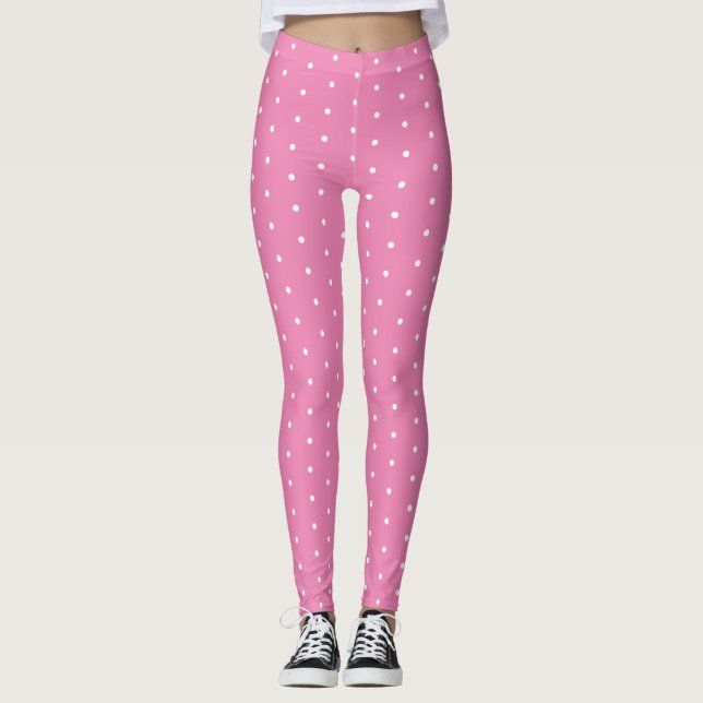 Retro Pink and White Polka Dot Pattern  Leggings (Front)