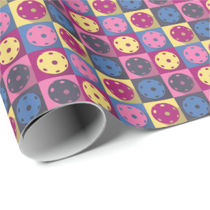 Retro pink and yellow pickleball pattern wrapping paper