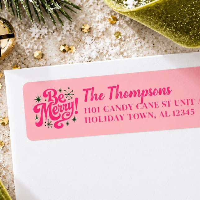 Retro Pink Be Merry Personalised Christmas Return  (Retro Pink Be Merry Personalized Christmas Return Label
)