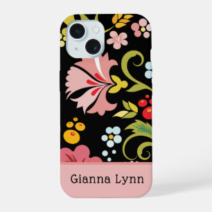 Retro Pink Black Floral Monogrammed iPhone 15 Case