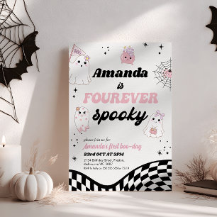 Retro Pink Black Fourever Spooky 4th Birthday Invitation