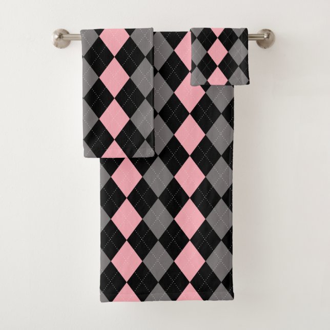 Retro Pink Black Grey Argyle Bath Towel Set (Insitu)