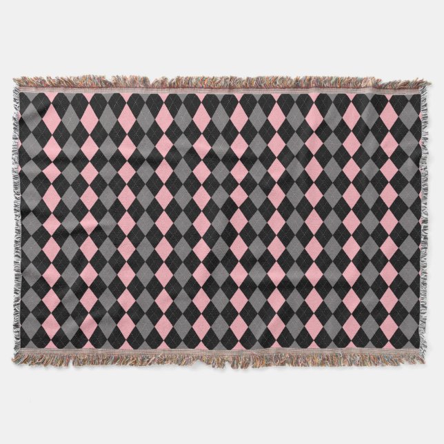 Retro Pink Black Grey Argyle Throw Blanket (Front)
