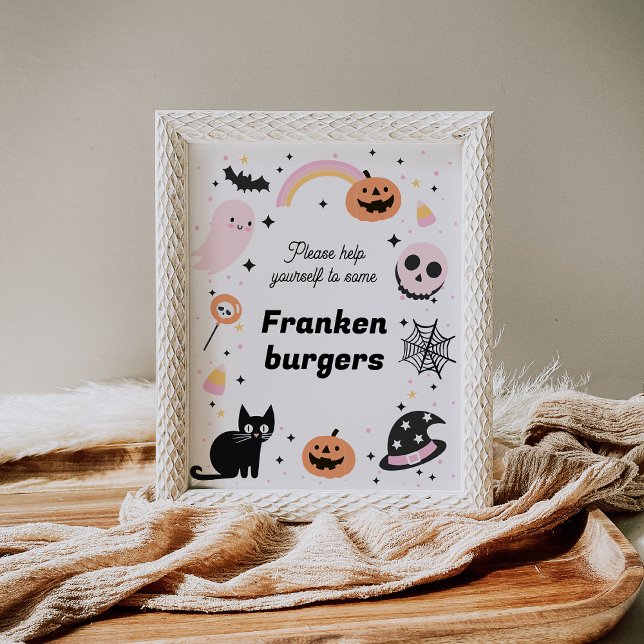 Retro Pink Black Halloween Birthday Party Sign (Halloween Birthday party Sign Girl Pink Ghost Black Cat Hey Boo Halloween Birthday Food Sign Retro)