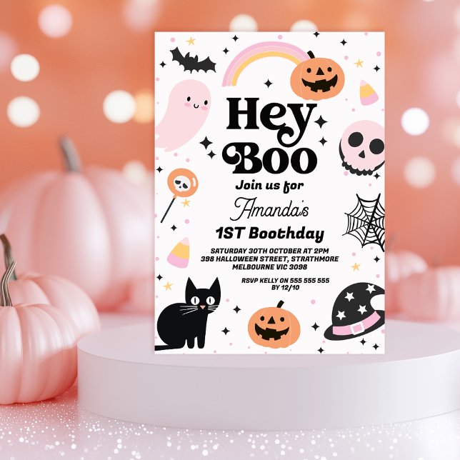 Retro Pink Black Halloween Hey Boo 1st Birthday  Invitation (Hey Boo Halloween 1st Birthday Invitation Black Cat Pink Ghost, Boo Retro Halloween Birthday Girl)