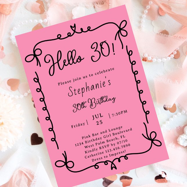 Retro Pink & Black Handwritten 30th Birthday Party Invitation (Creator Uploaded)