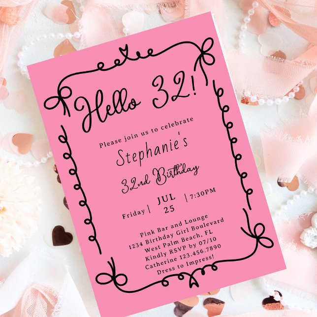 Retro Pink & Black Handwritten 32nd Birthday Party Invitation (Creator Uploaded)