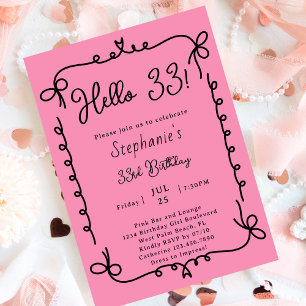 Retro Pink & Black Handwritten 33rd Birthday Party Invitation