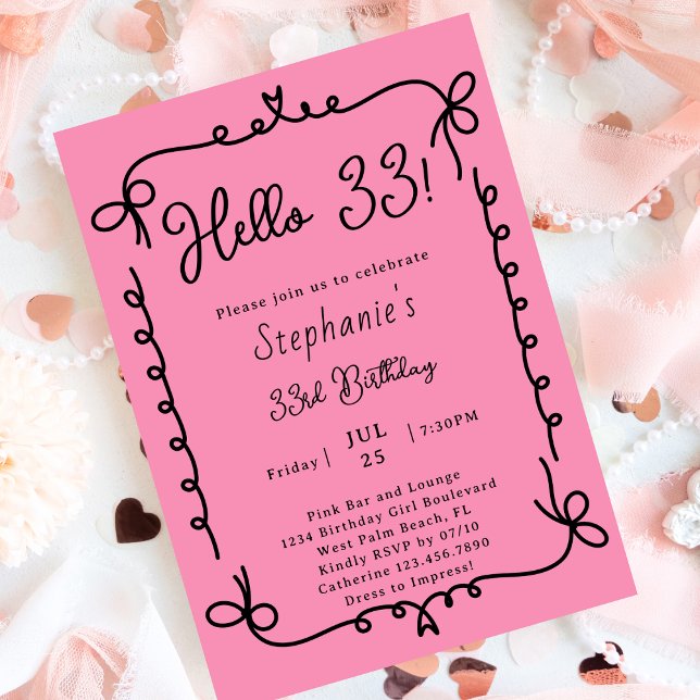 Retro Pink & Black Handwritten 33rd Birthday Party Invitation (Creator Uploaded)