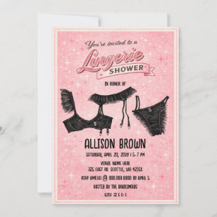 Retro Pink Black Lingerie Shower Bachelorette Invitation