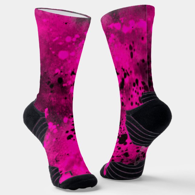 Retro Pink & Black Paint Splatter  Socks (Angled)