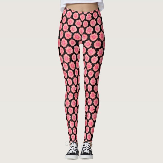Retro Pink Black Surreal Sunflower Pattern Yoga Leggings (Front)