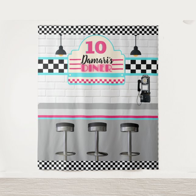 Retro Pink & Blue Chequerboard Diner Backdrop Tapestry (Front)