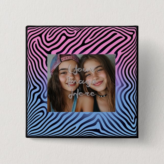 Retro Pink Blue Gradient Zebra Stripe Photo Frame 15 Cm Square Badge (Front)