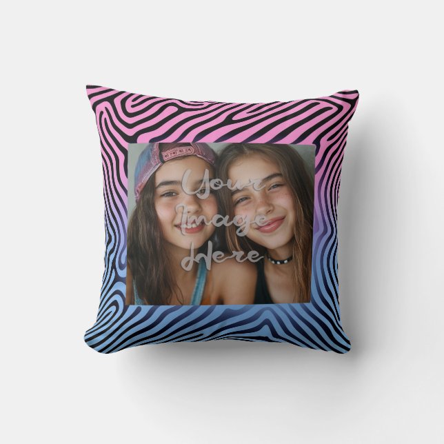 Retro Pink Blue Gradient Zebra Stripe Photo Frame Cushion (Front)