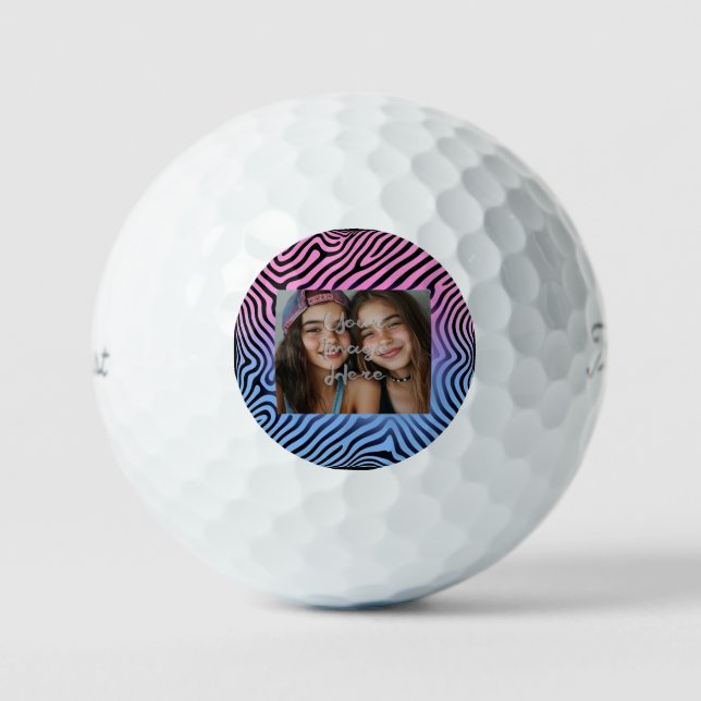 Retro Pink Blue Gradient Zebra Stripe Photo Frame Golf Balls (Front)