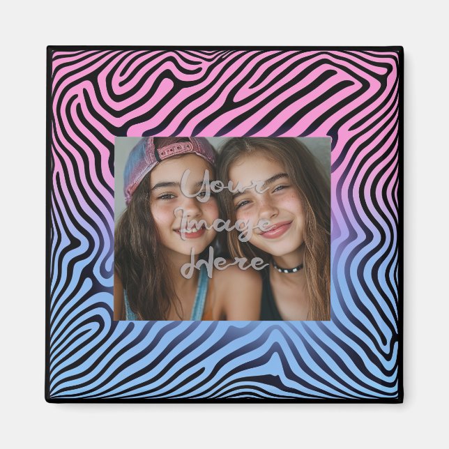 Retro Pink Blue Gradient Zebra Stripe Photo Frame Magnet (Front)