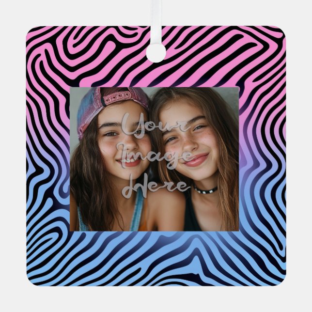Retro Pink Blue Gradient Zebra Stripe Photo Frame Metal Tree Decoration (Front)