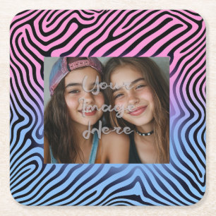 Retro Pink Blue Gradient Zebra Stripe Photo Frame Square Paper Coaster