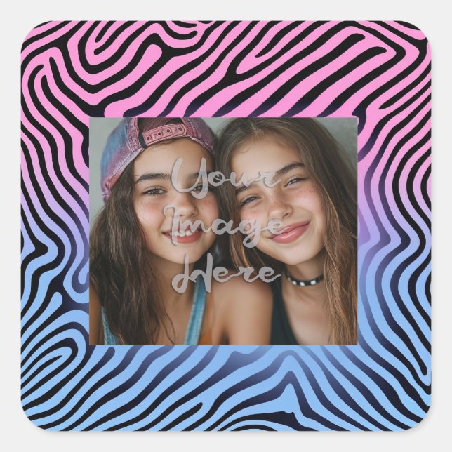 Retro Pink Blue Gradient Zebra Stripe Photo Frame Square Sticker (Front)