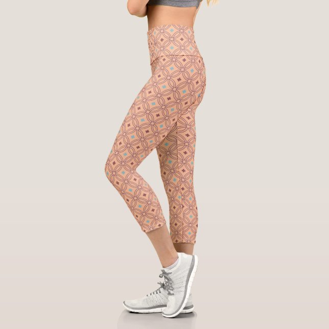 Retro Pink & Blue Interlocking Geometric Pattern Capri Leggings (Left)