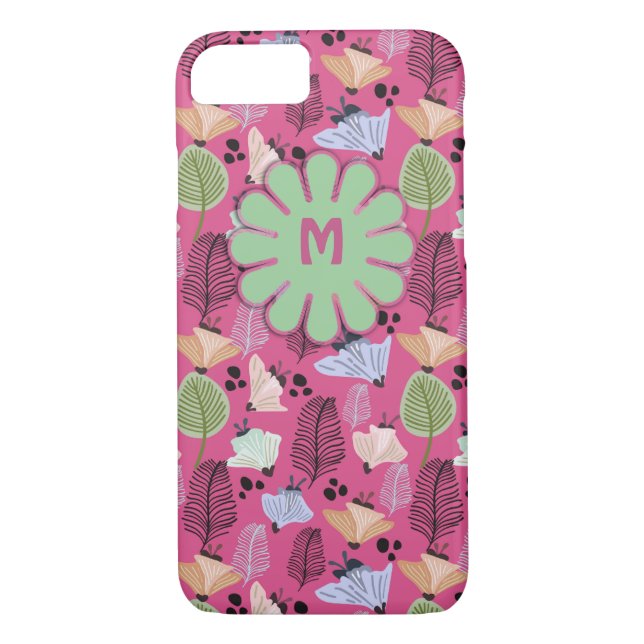 Retro Pink Botanical Flowers Monogram Case-Mate iPhone Case (Back)
