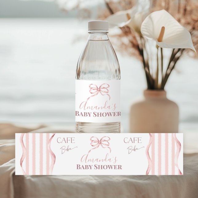 Retro Pink Bow Cafe Bebe Girl Coffee Baby Shower Water Bottle Label (Creator Uploaded)